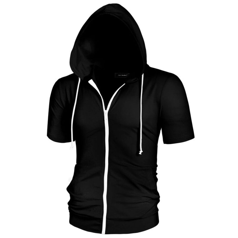 Men's Hoodies Solid Color Zip Up Short Sleeve Jackets with Hood Black